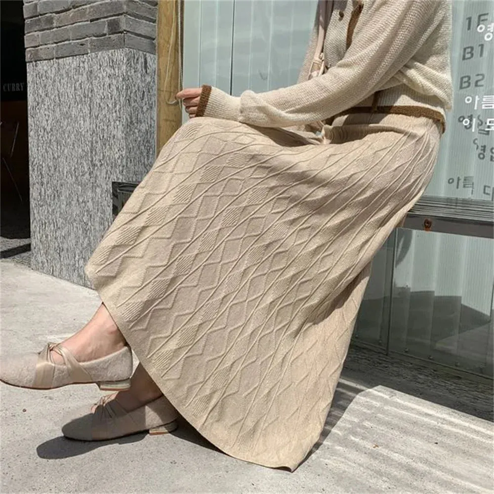 High Waisted Slim Knitted A-Line Woolen Autumn Winter Fashionable Midi Umbrella Skirt