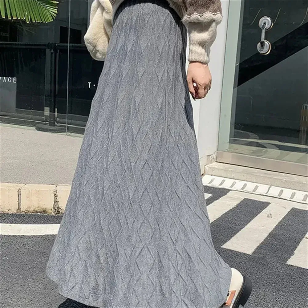 High Waisted Slim Knitted A-Line Woolen Autumn Winter Fashionable Midi Umbrella Skirt