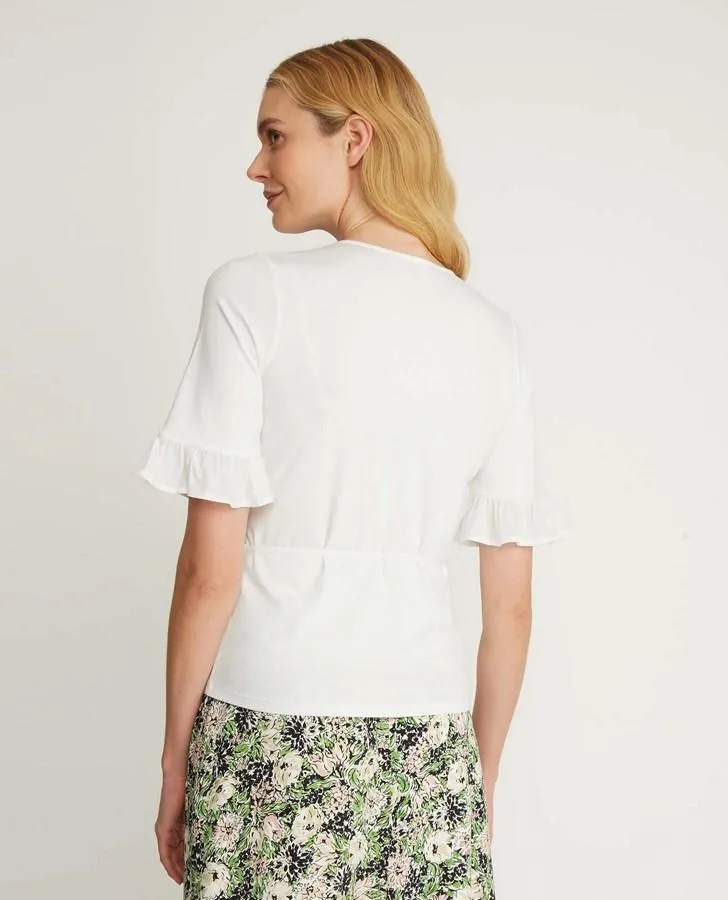 Ivory 1/2 Sleeve V-Neck Chiffon Frill Top