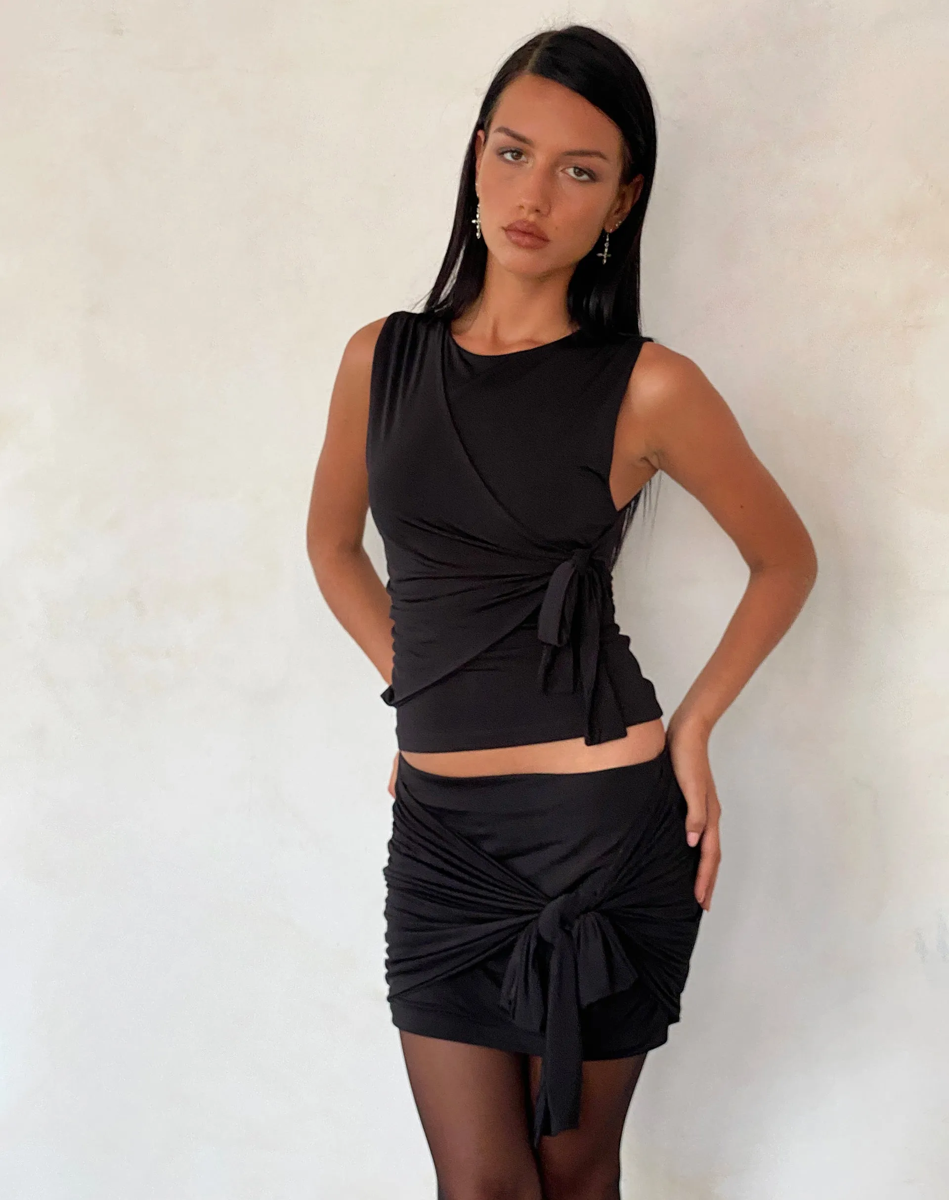 Kass Bow Detail Mini Skirt in Slinky Black