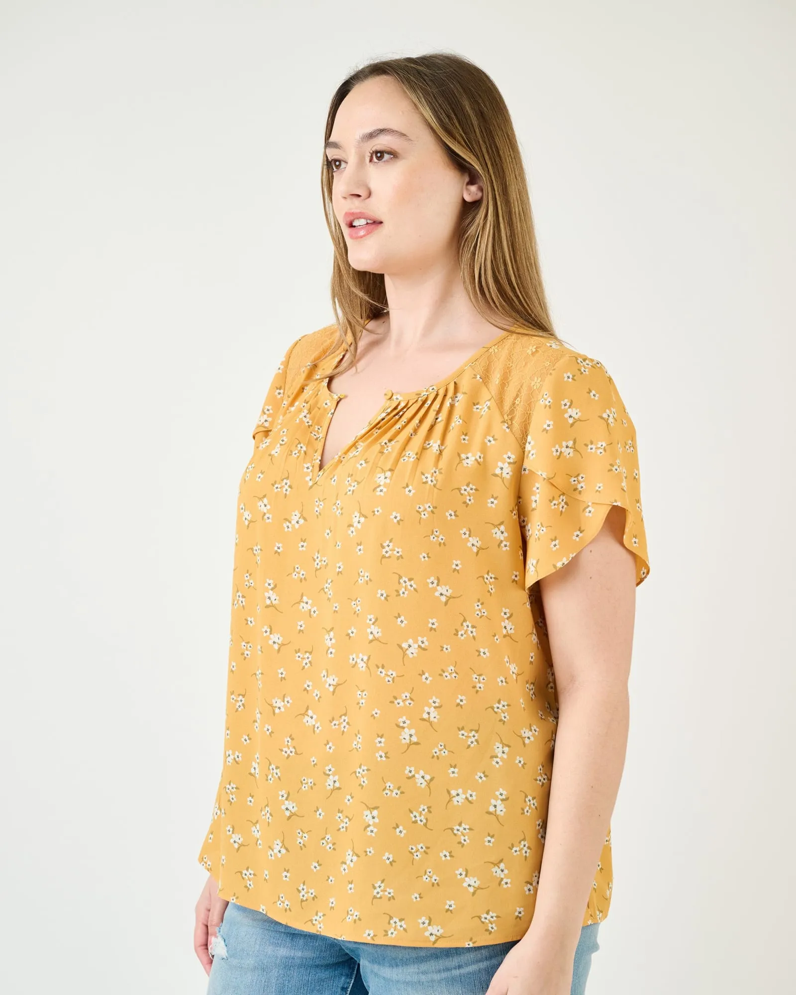 Keilani Floral Top with Lace | N536 YELLOW