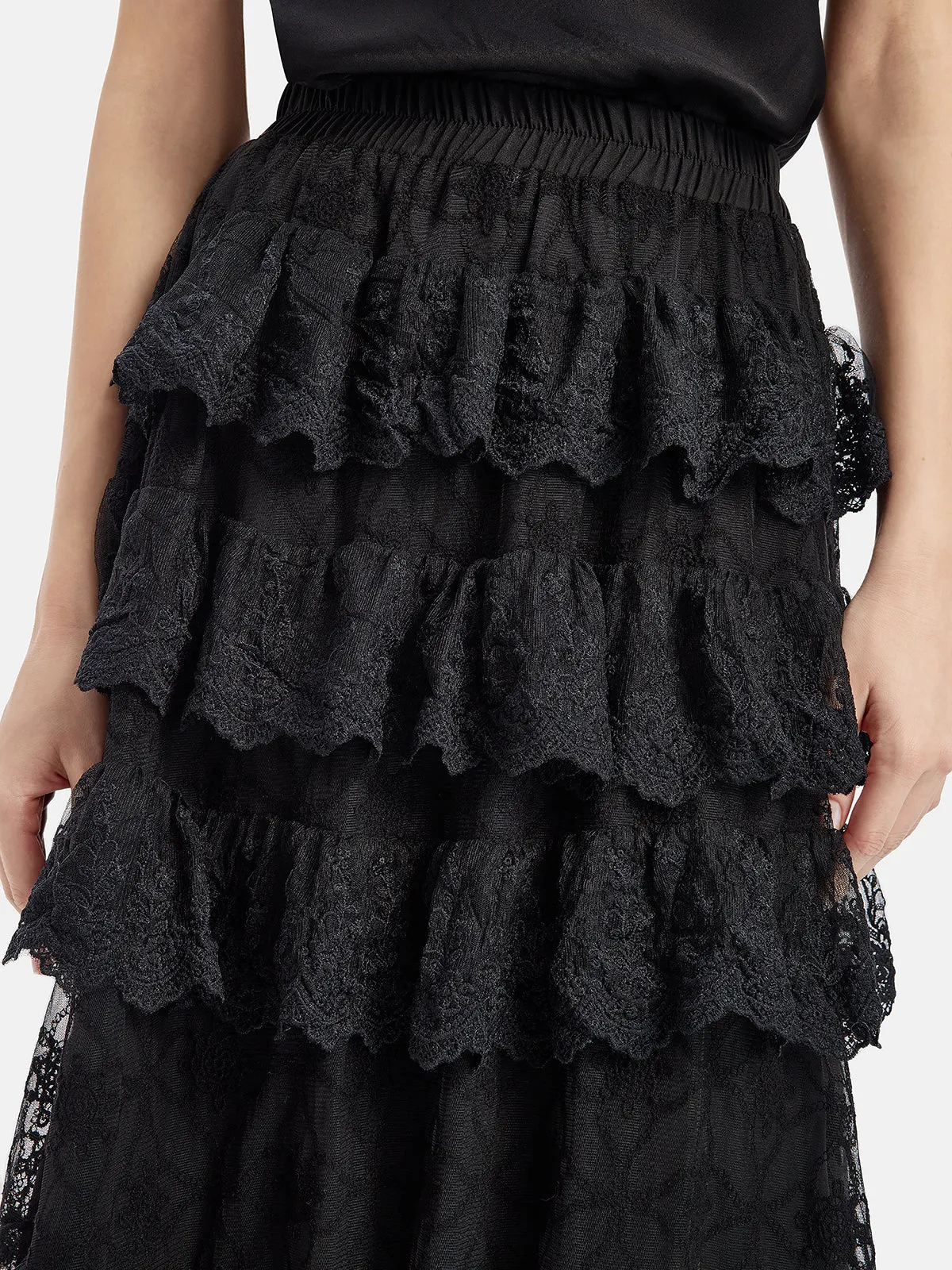 Lace Trim Patchwork Midi Skirt