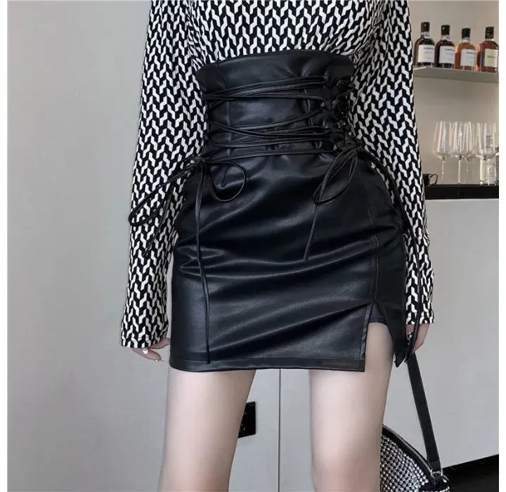 Lace-up High Waist PU Leather Mini Skirt