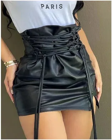 Lace-up High Waist PU Leather Mini Skirt