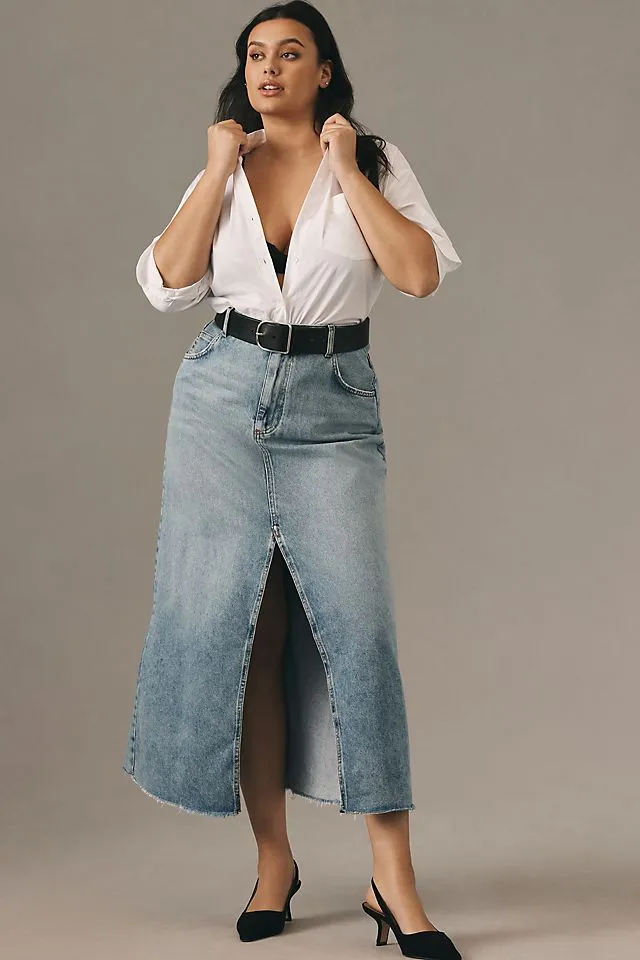 Madi denim skirt with front slit from Pilcro, endless summer wash