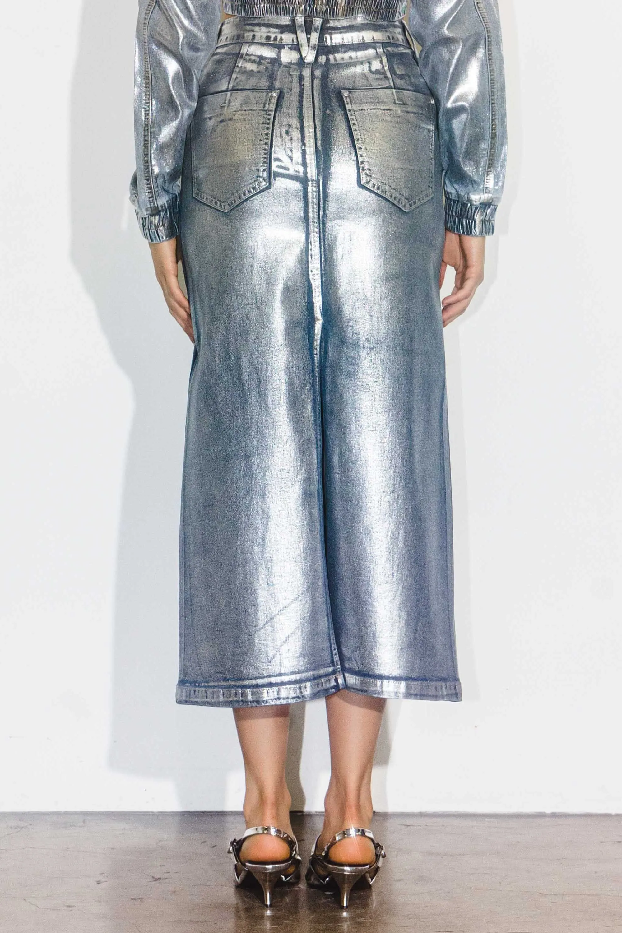 Metallic Front Slit Midi Skirt