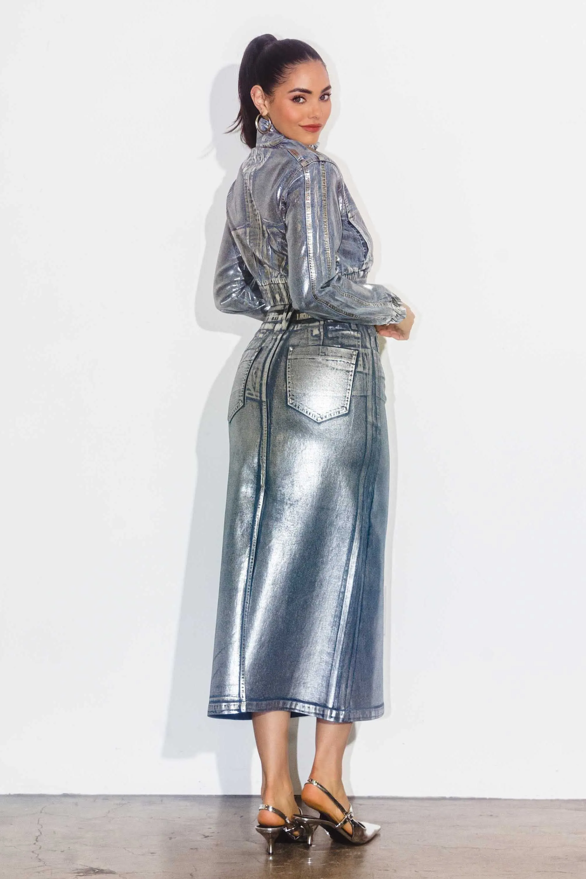 Metallic Front Slit Midi Skirt