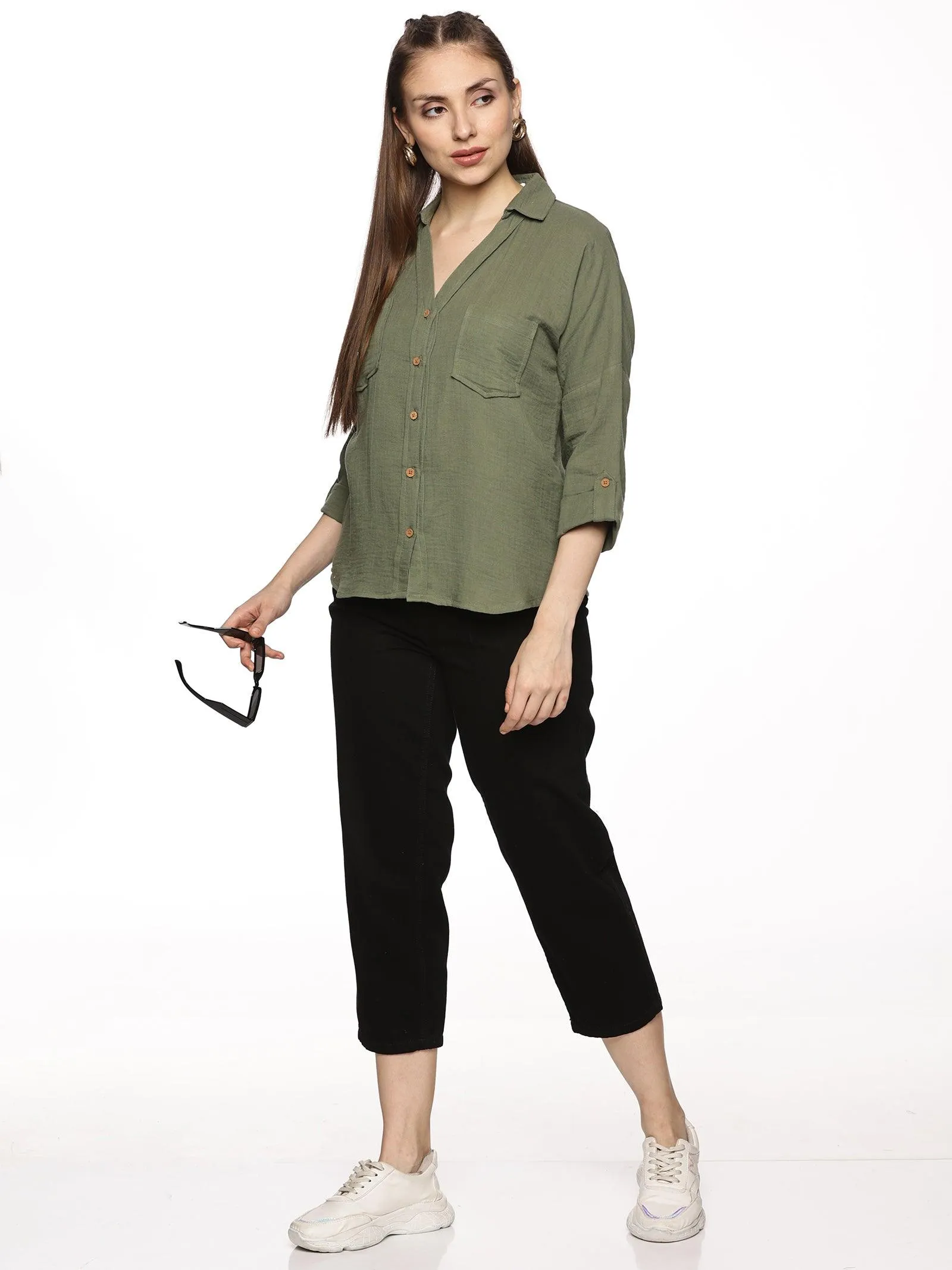 Olive Green Double Layered Trendy Cotton Top