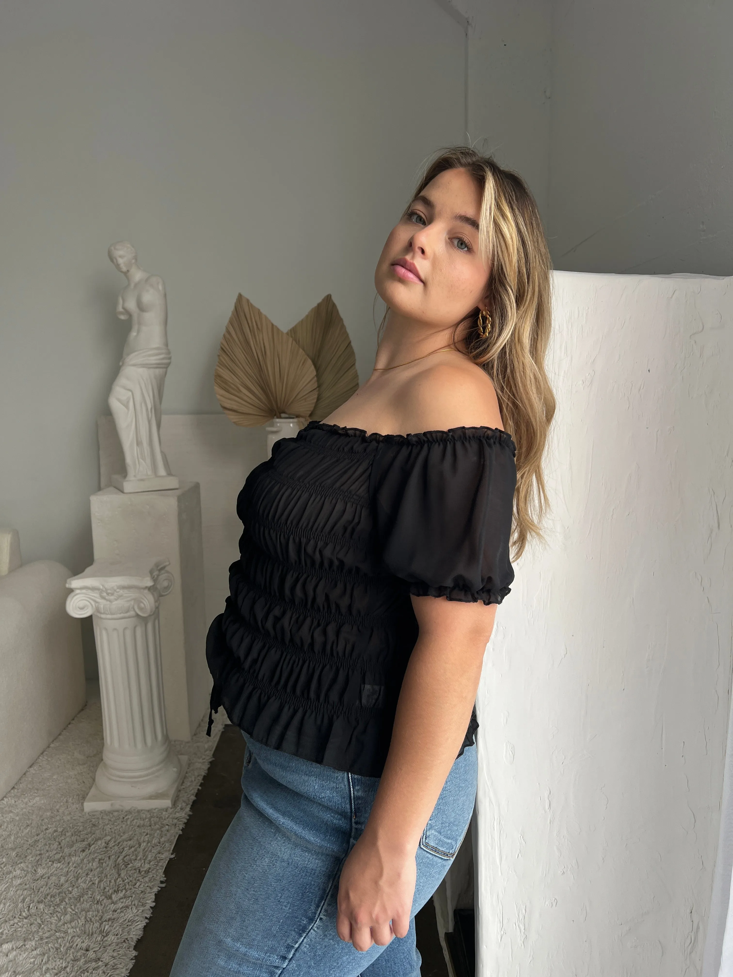 Plus Size Smocked Mesh Sleeve Top