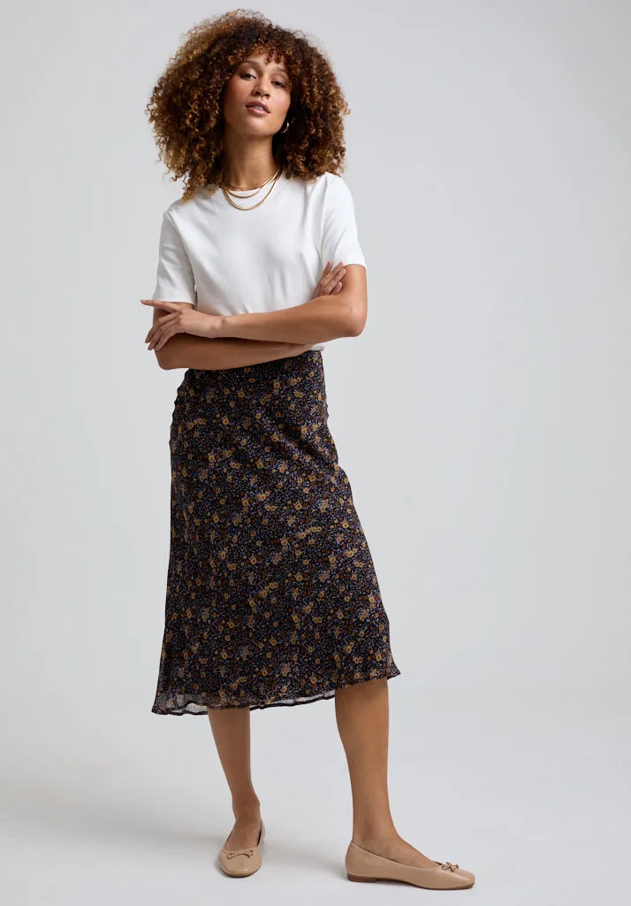 Poppy Bias Cut Aster Print Midi Skirt In Brown