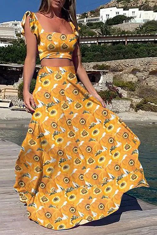 Print Bow Tie Crop Maxi Skirts Set