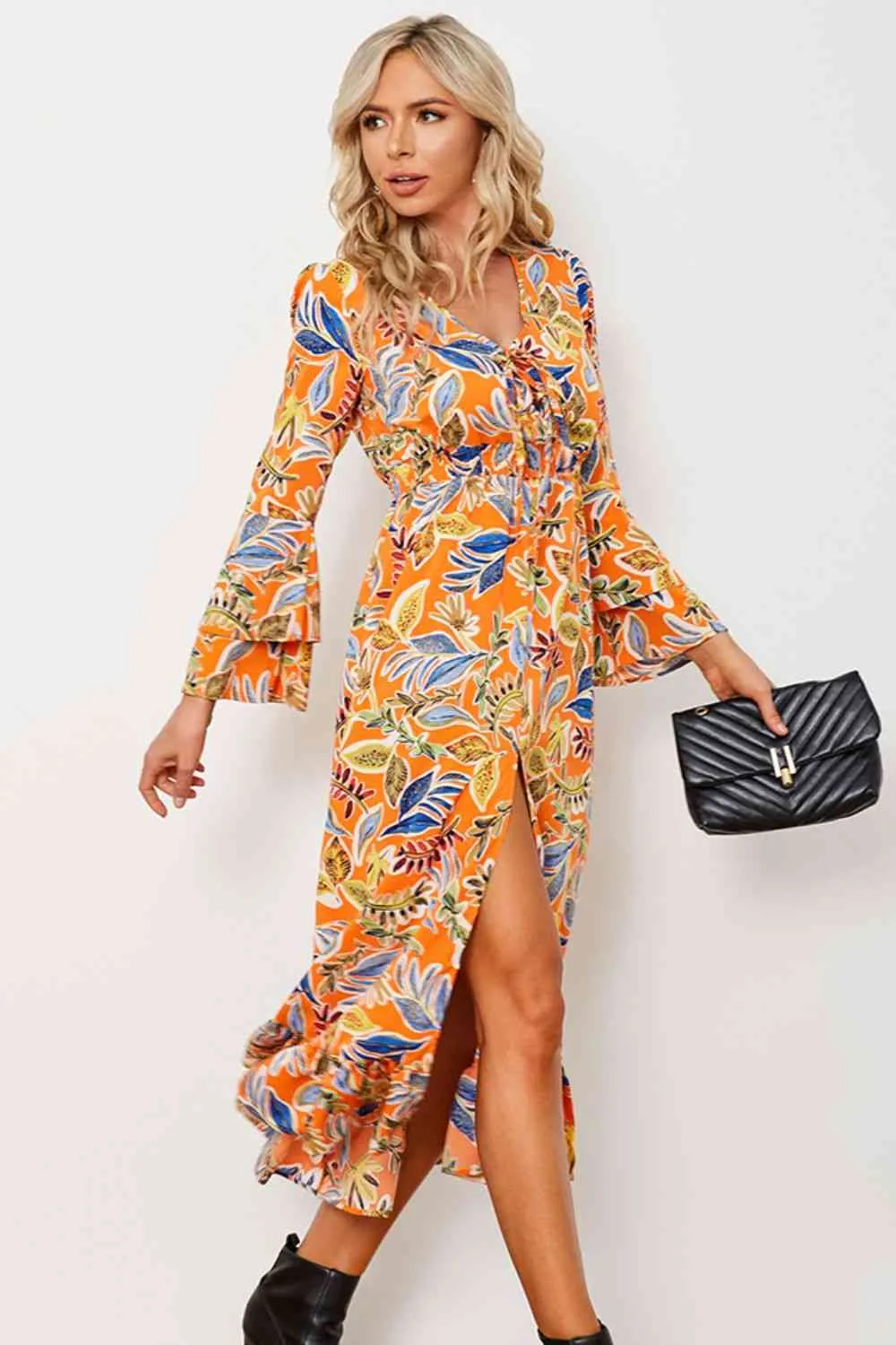 Printed Layered Flare Sleeve Split Tied Dress