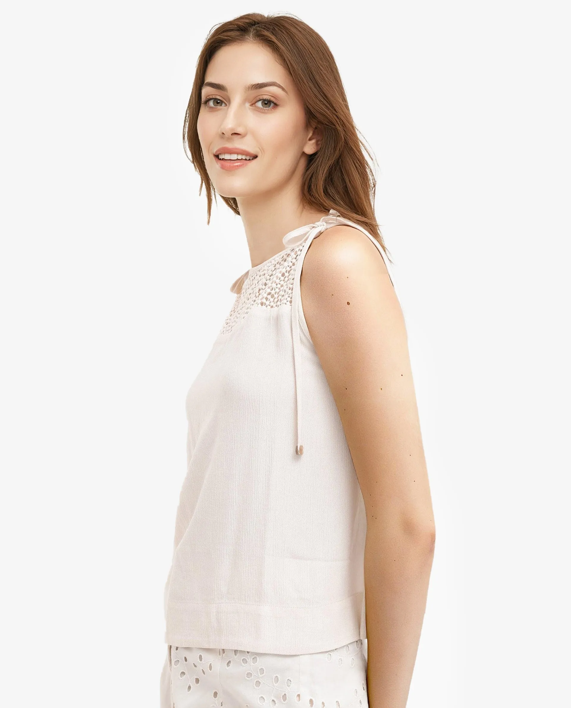 Rareism Women Terni Off White Elegant Lace Detail Top With Strap Tie-Up