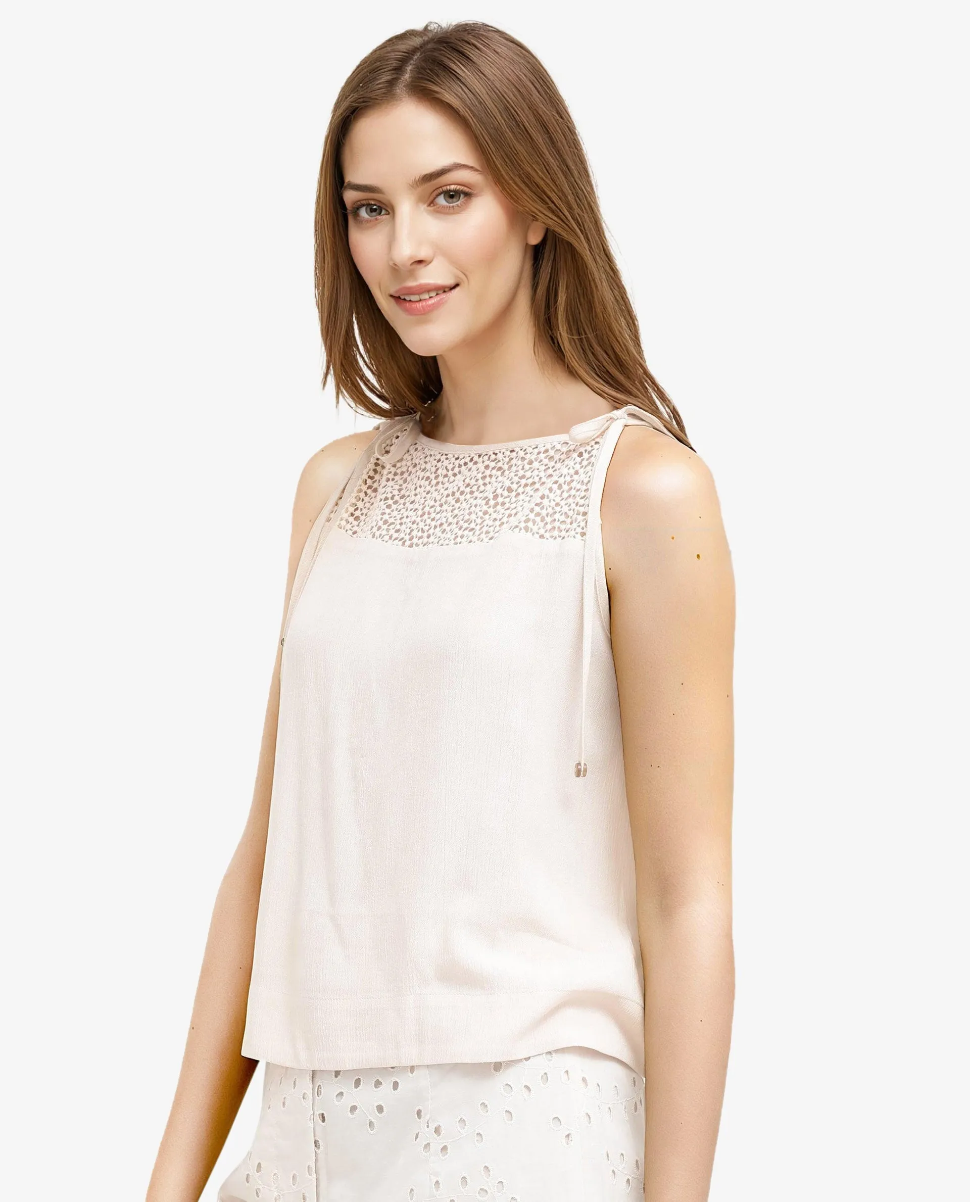 Rareism Women Terni Off White Elegant Lace Detail Top With Strap Tie-Up