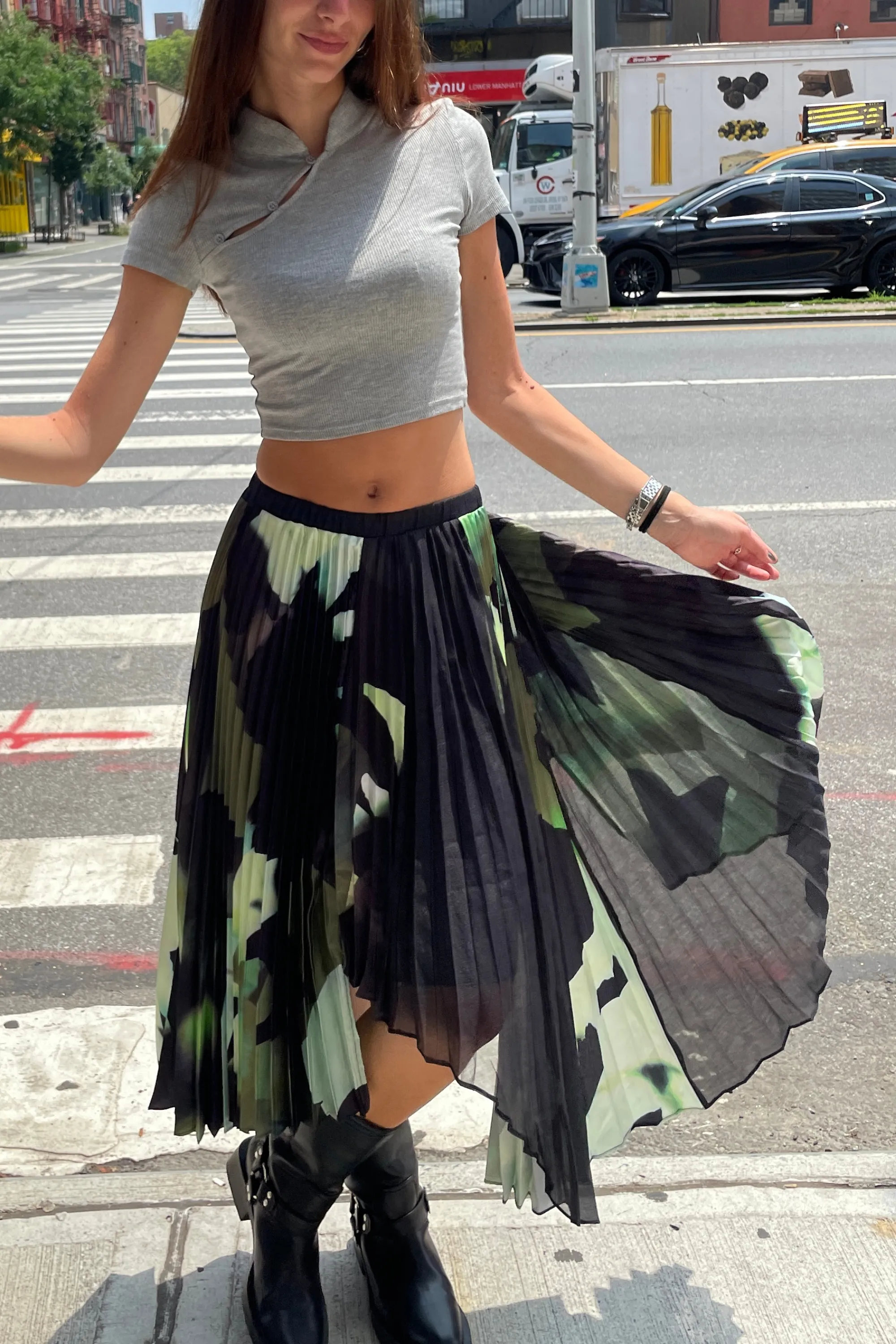 Silk Pleated Abstract Skirt