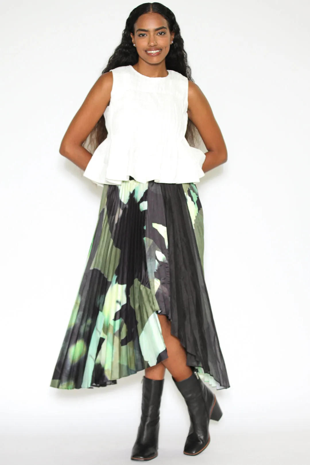 Silk Pleated Abstract Skirt