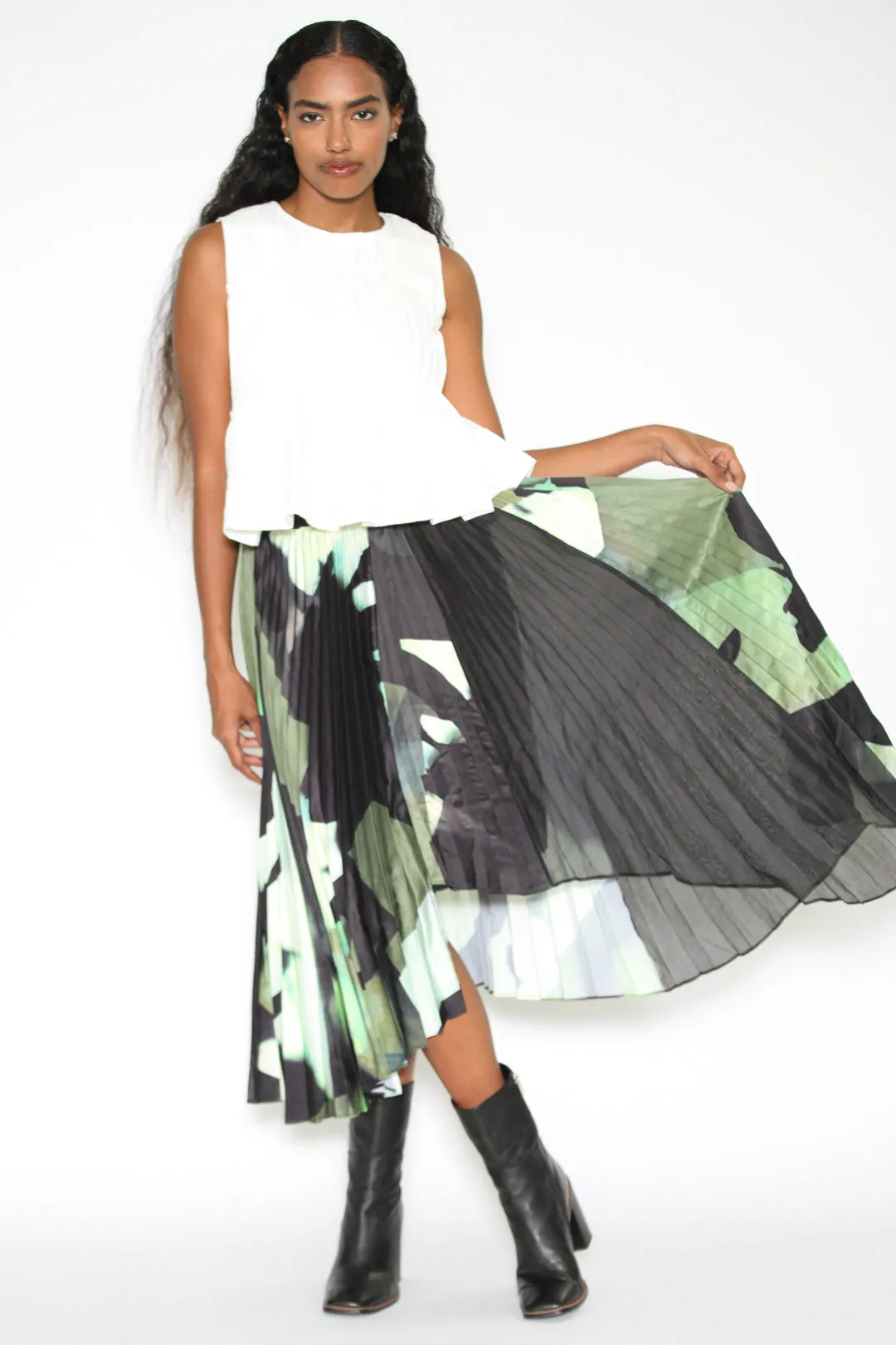 Silk Pleated Abstract Skirt