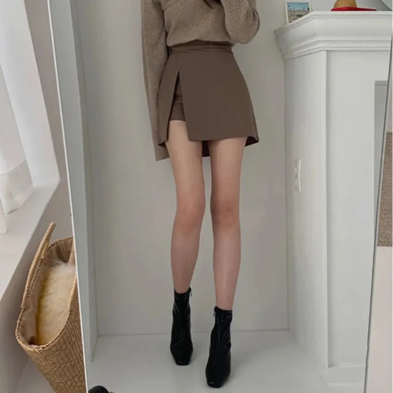 Slit Mini Skirts Women Korean High Waist Solid Irregular Skirts Office Lady Fashion Stretchy Chic Simple A Line Skirts New