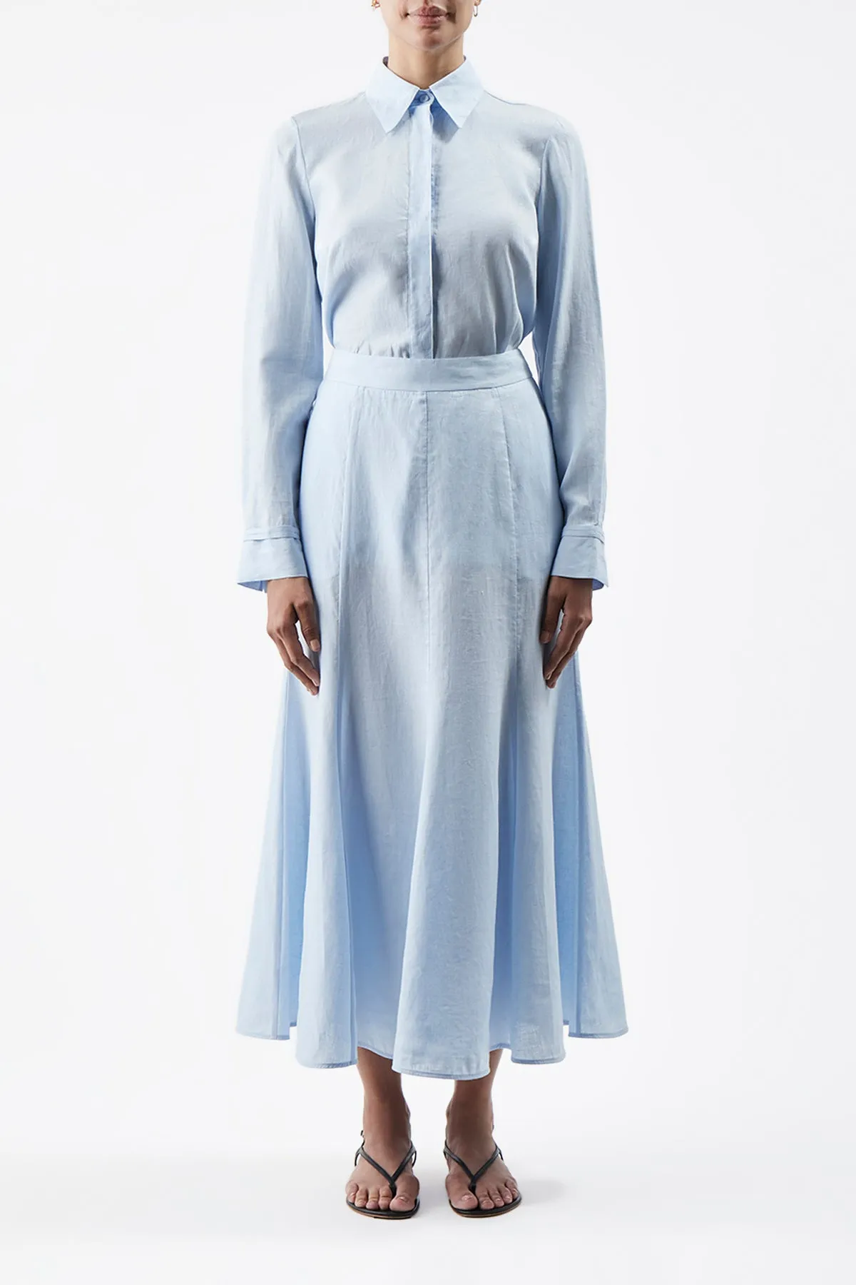 Tate Midi Skirt in Light Blue Aloe Linen