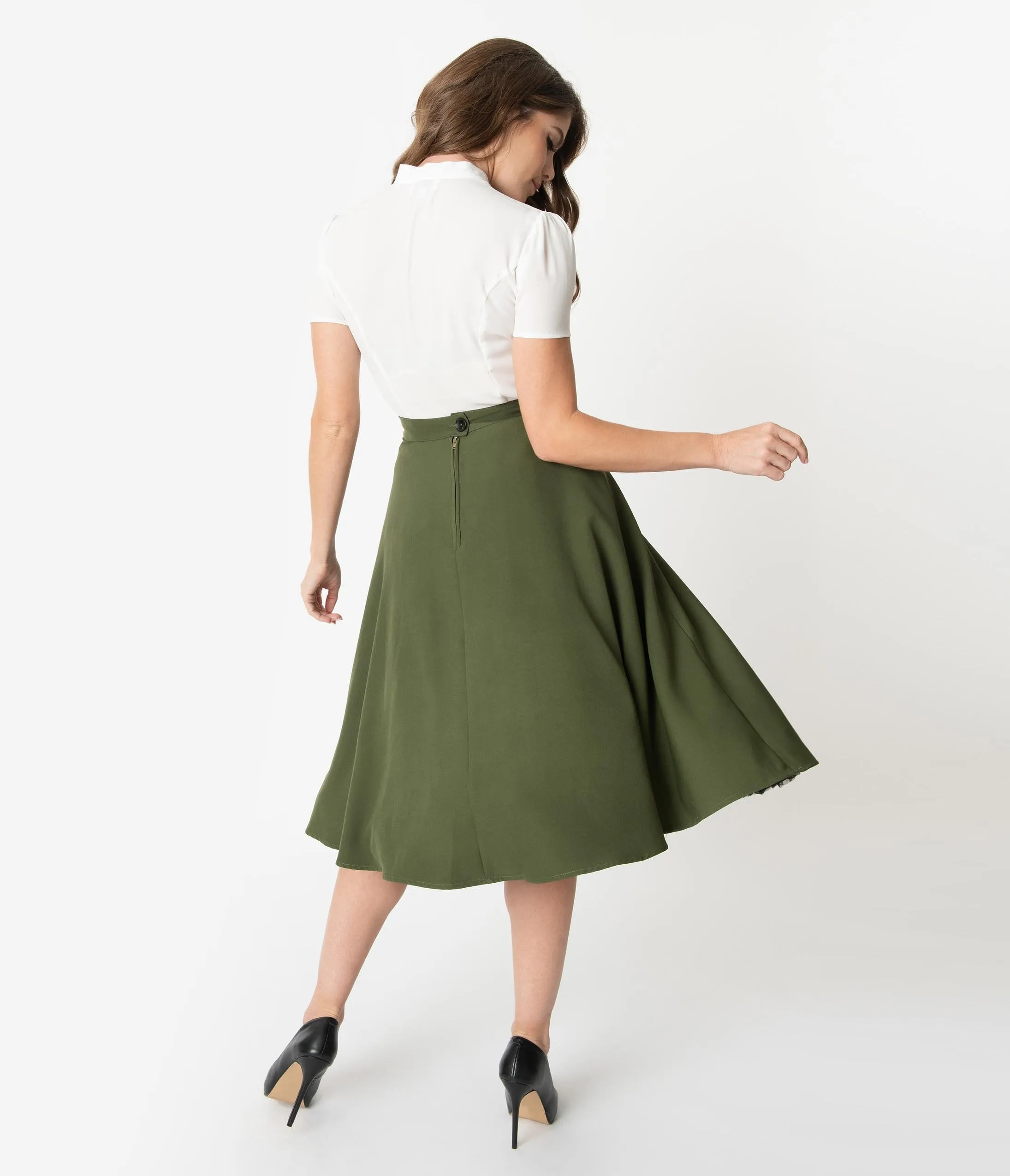 Unique Vintage 1950s Olive Embroidered Steffi Swing Skirt