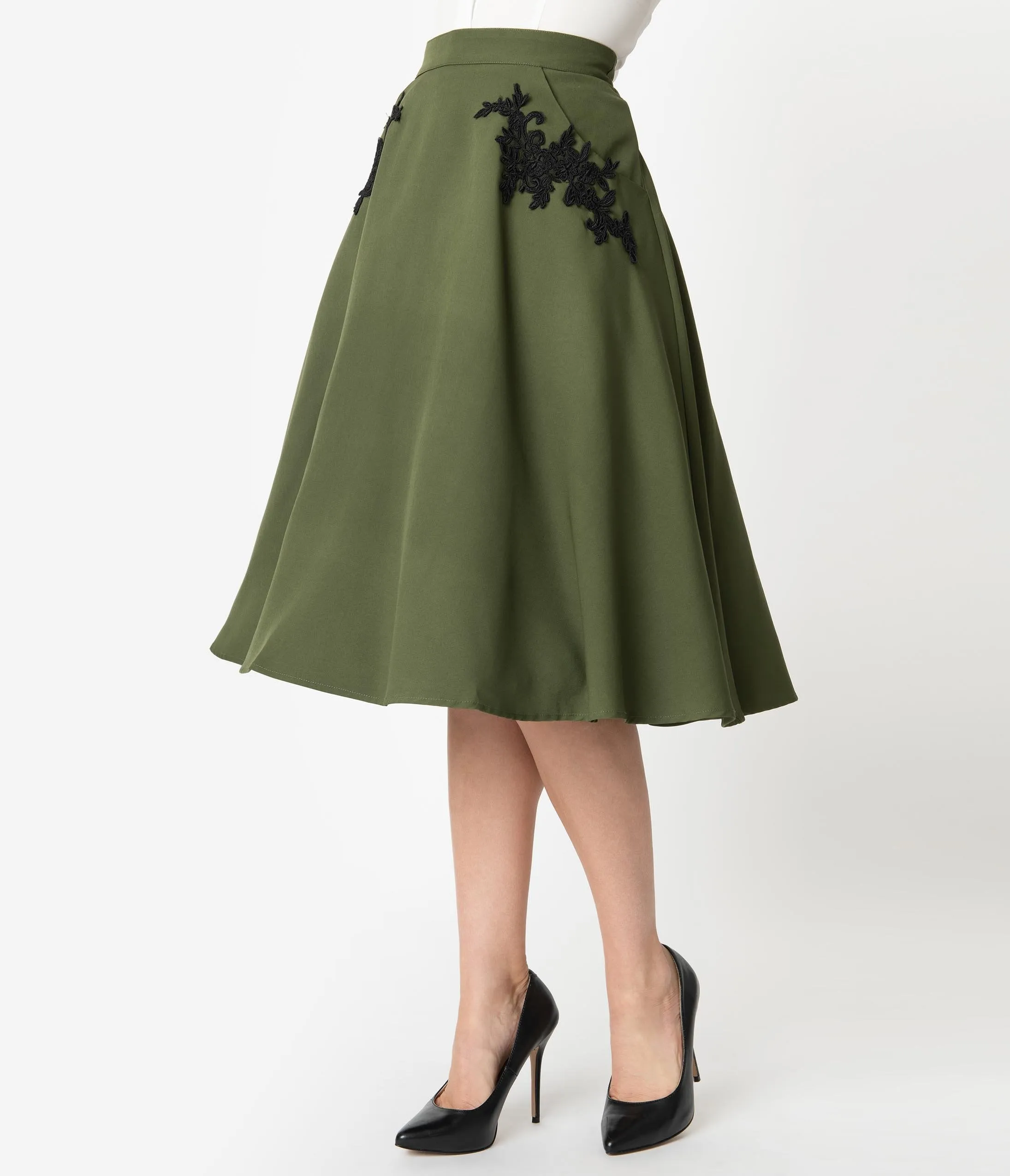 Unique Vintage 1950s Olive Embroidered Steffi Swing Skirt