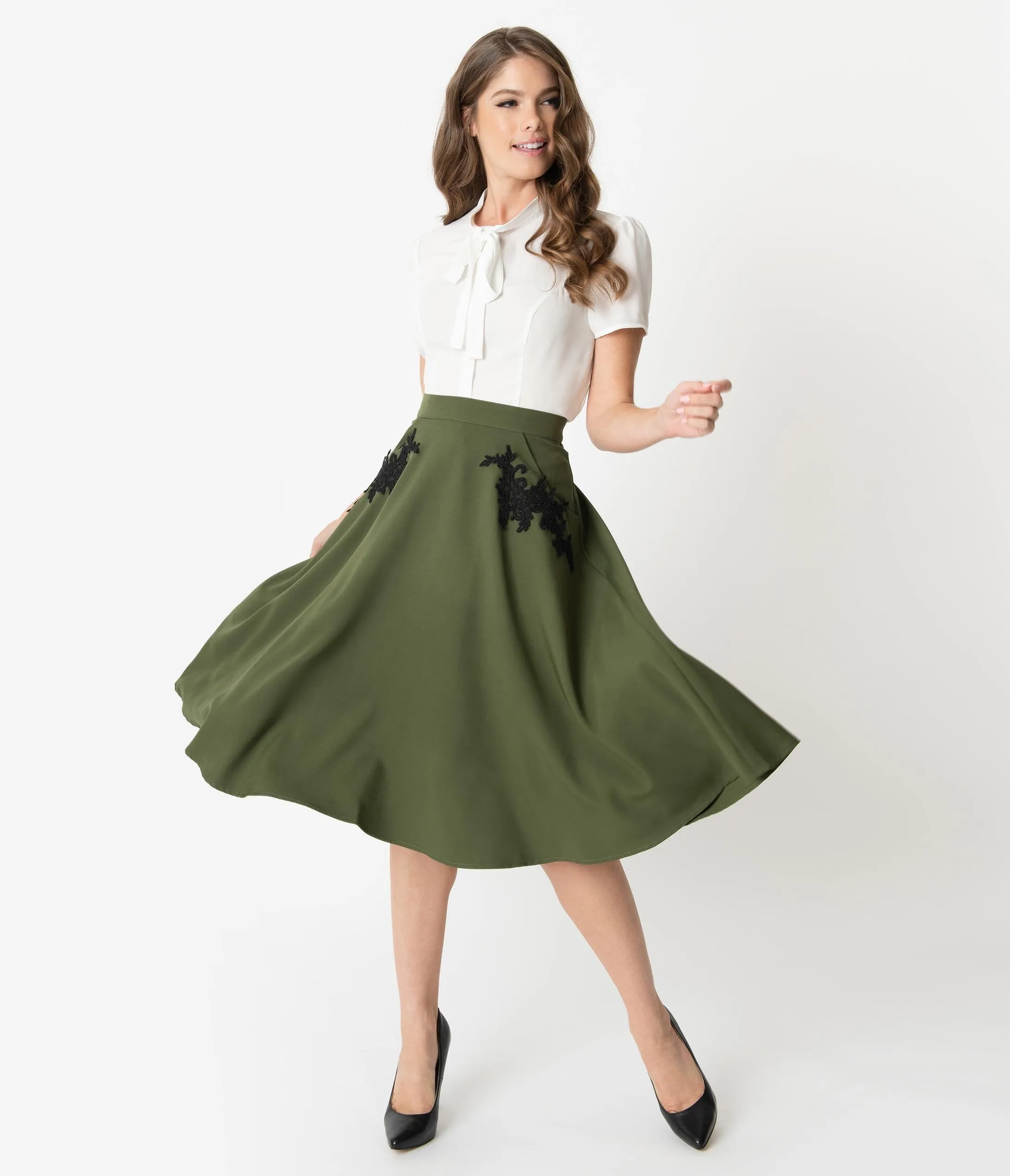 Unique Vintage 1950s Olive Embroidered Steffi Swing Skirt