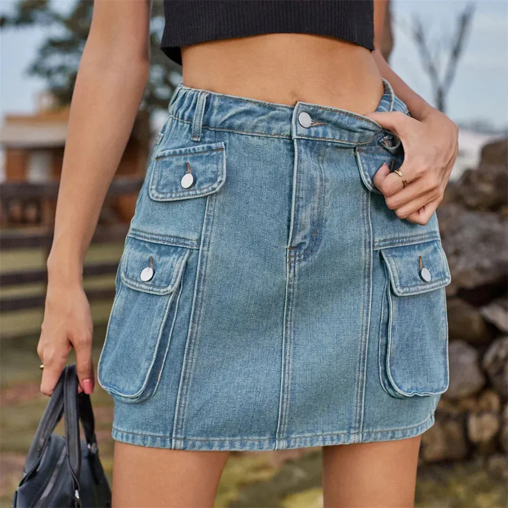 Vintage Denim Casual Pocket Multi Waist Summer Elastic Streetwear Skirt