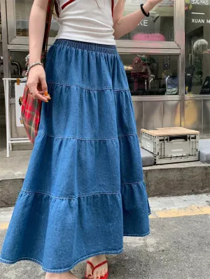 Vintage Ruffle Hem Korean Casual Elastic Waist Skirt