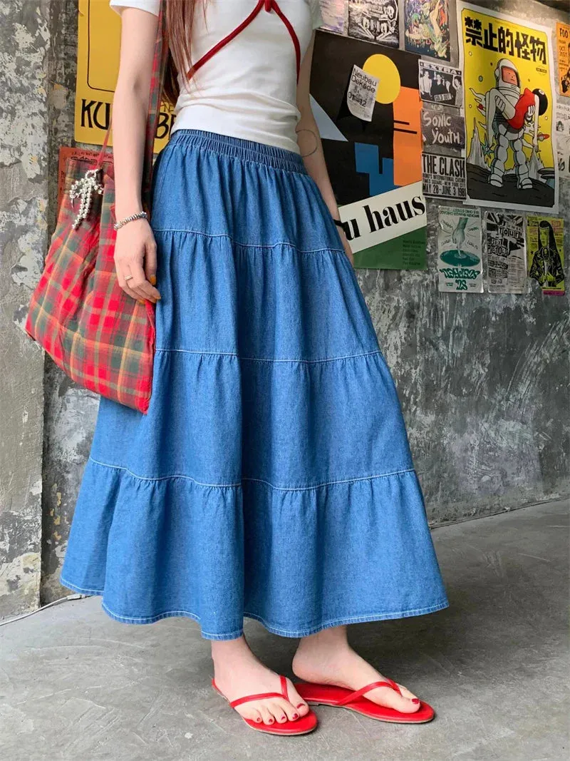 Vintage Ruffle Hem Korean Casual Elastic Waist Skirt