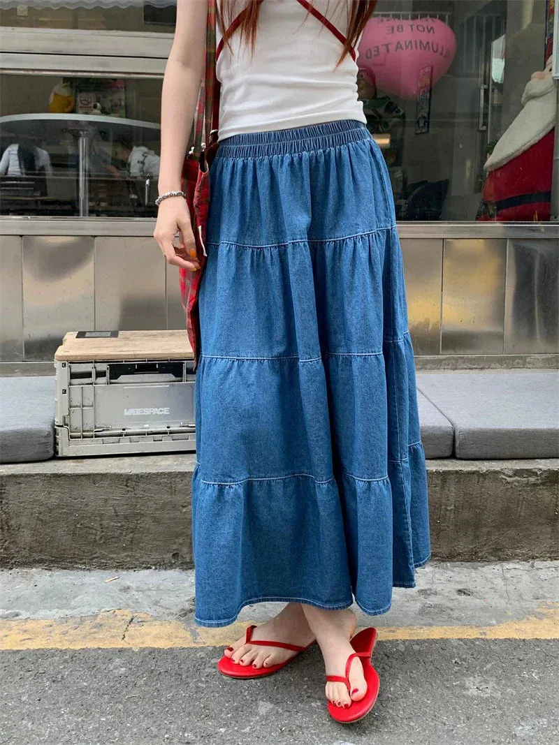 Vintage Ruffle Hem Korean Casual Elastic Waist Skirt