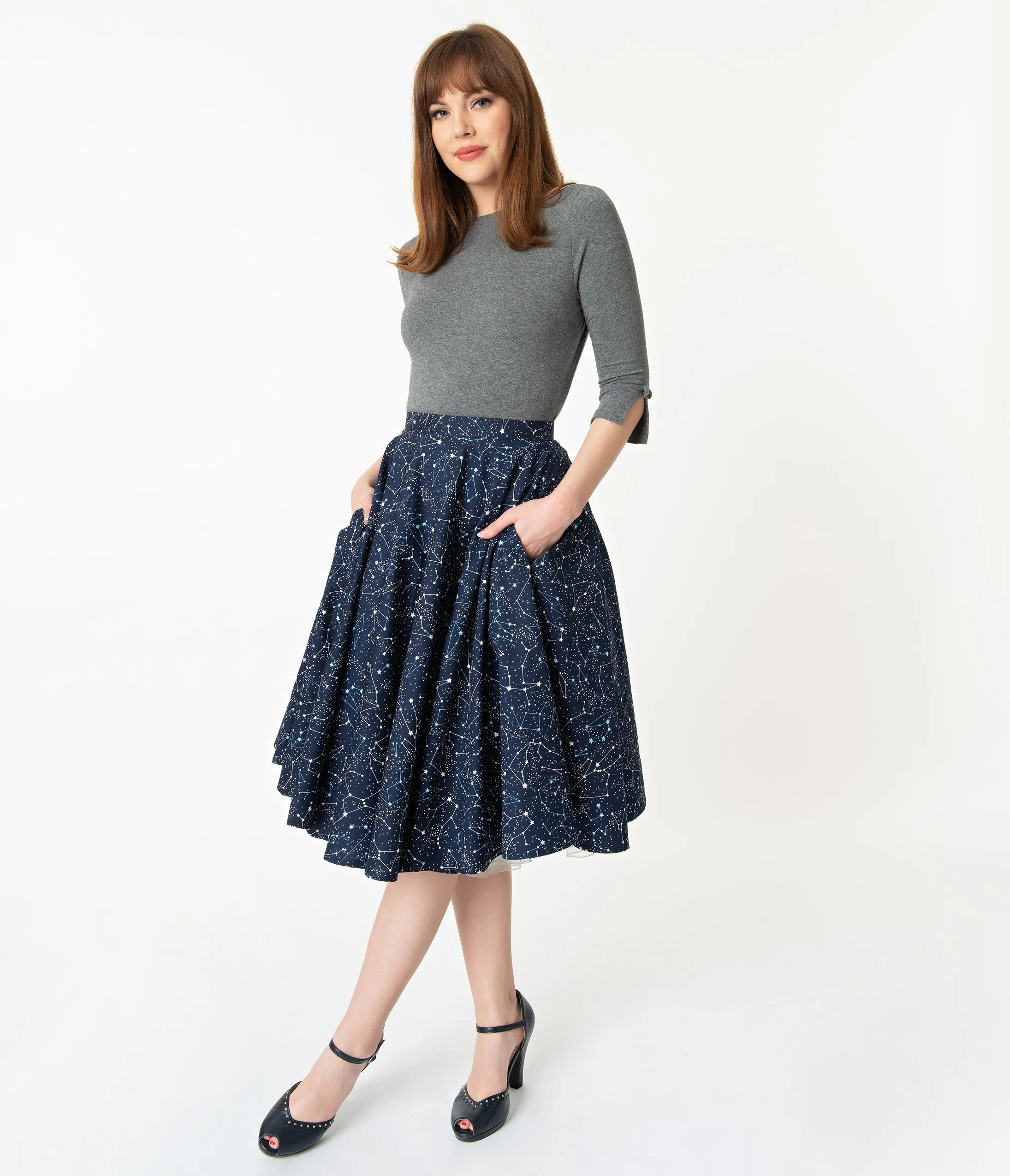 Vintage Style Navy Blue Star Constellation Print Swing Skirt