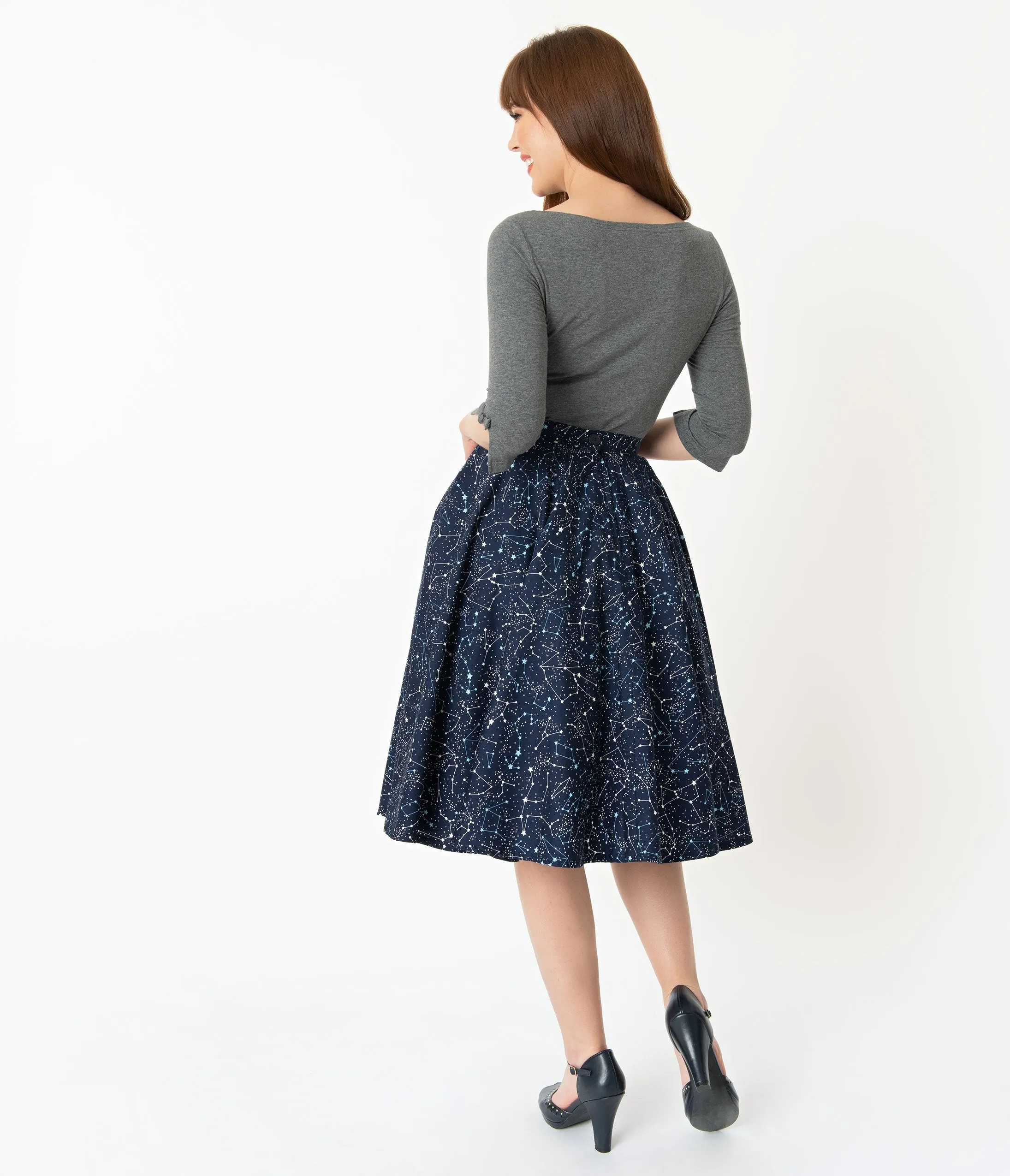 Vintage Style Navy Blue Star Constellation Print Swing Skirt