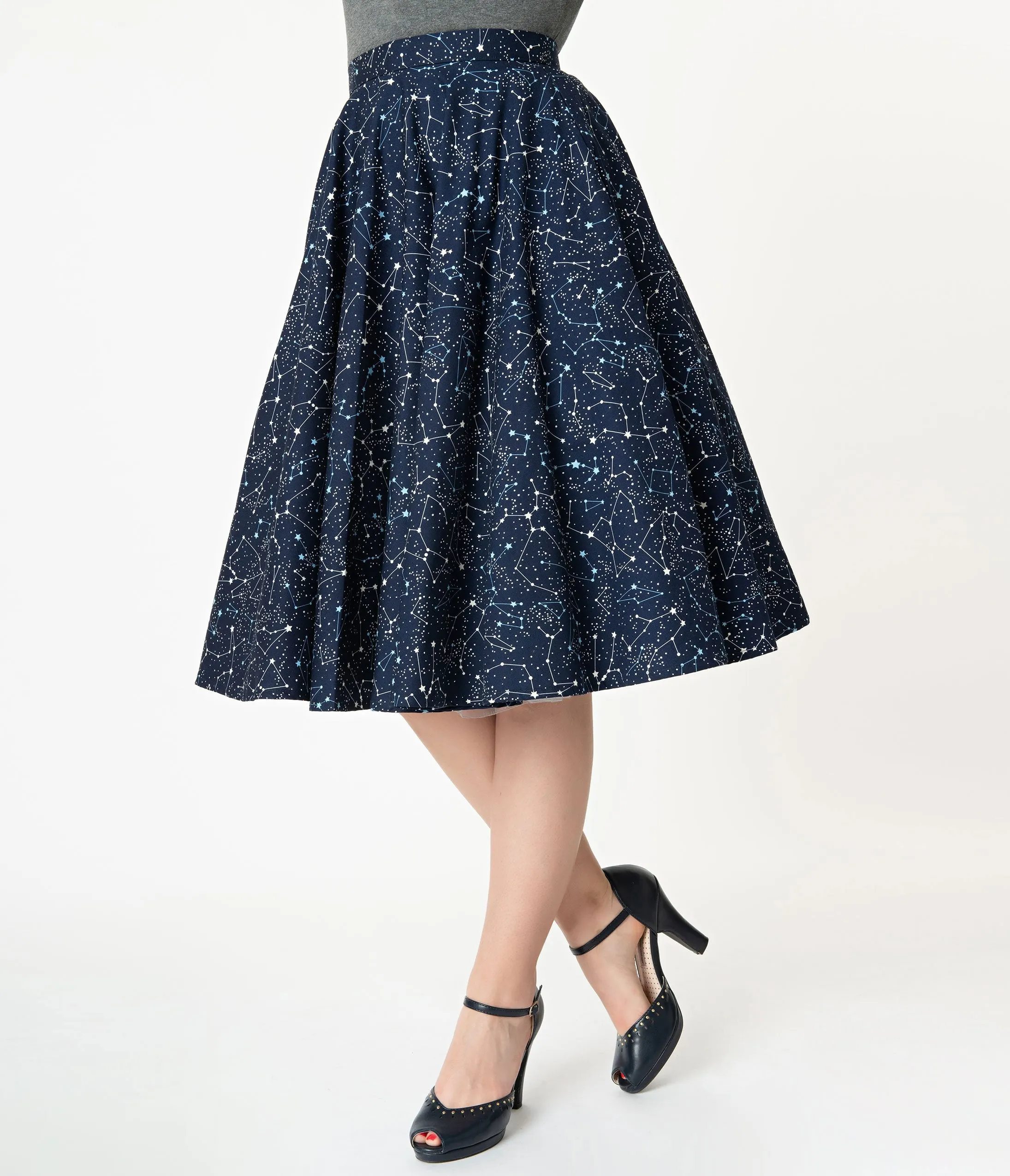 Vintage Style Navy Blue Star Constellation Print Swing Skirt