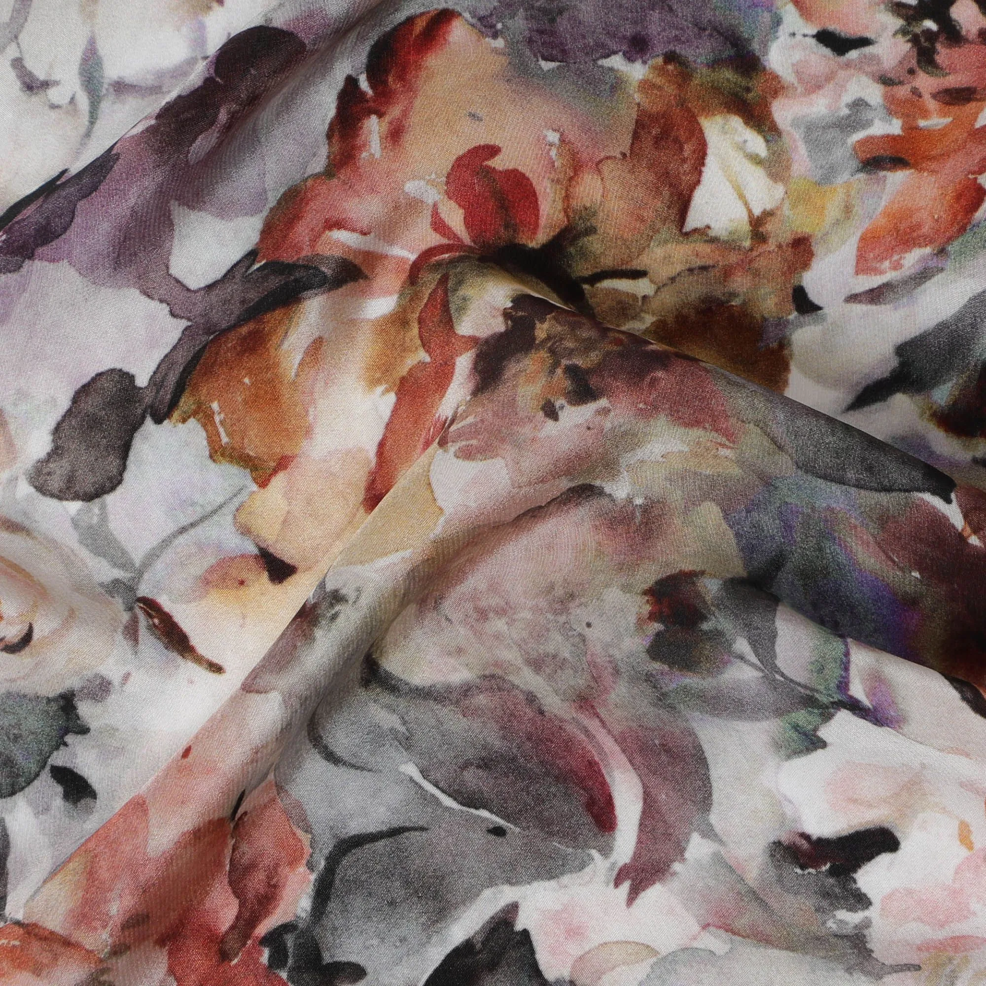 Whimsical Watercolor Floral Viscose Fabric, 110 cm Width - Soft Mauve & Sepia Tones on Grey-D18731