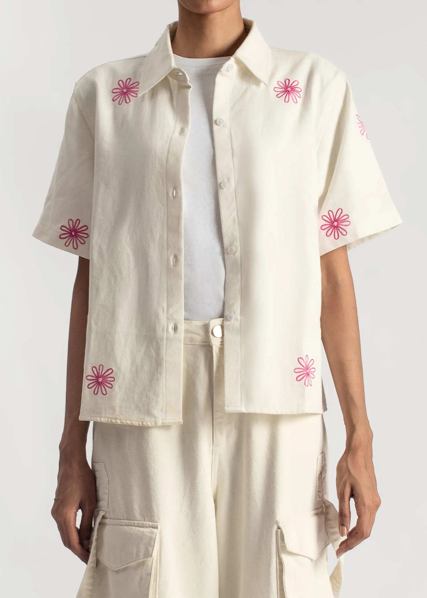 White Embroidered Boxy Shirt-Pink