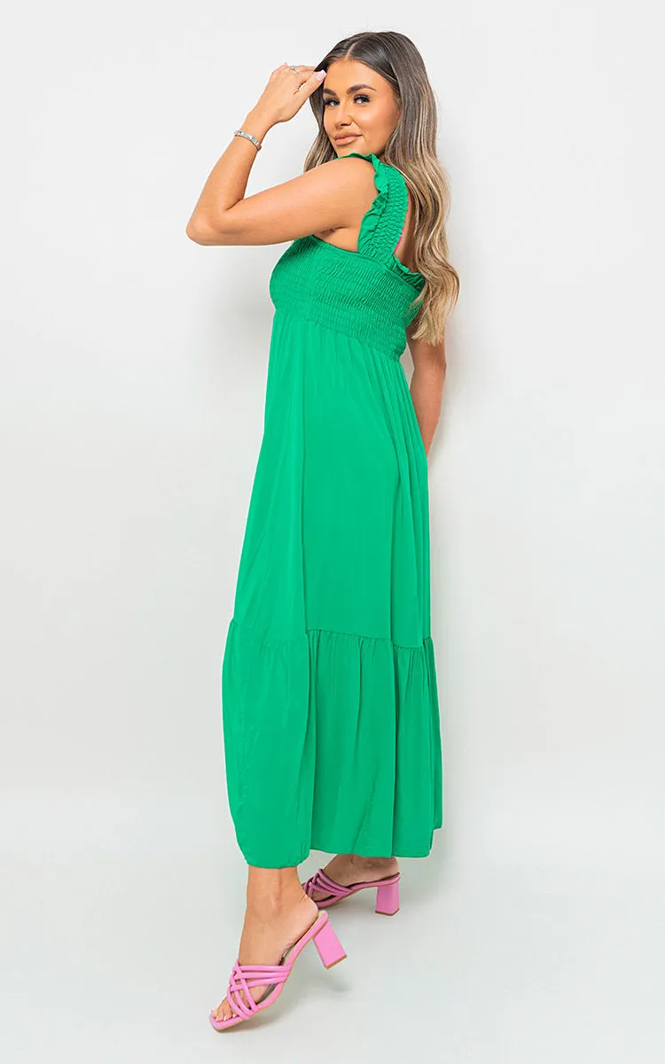 Wide Ruffle Strap Smocked Midi Dress