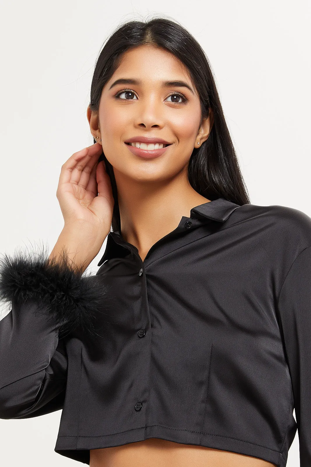 Women Black Satin Feather Crop Shirt