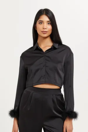 Women Black Satin Feather Crop Shirt